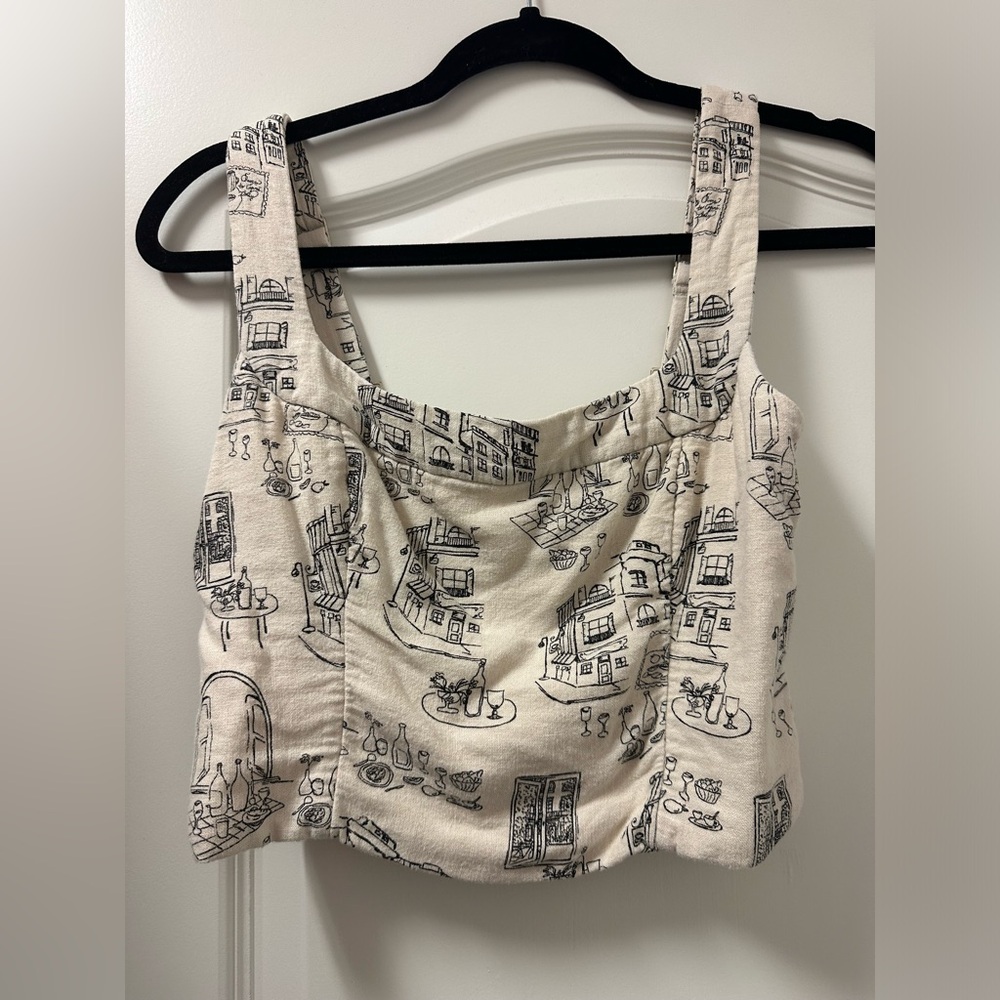 Abercrombie cream linen Italy print top size small
